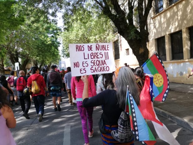 Desde toda la zona de la precordillera de la Región del Ñuble, vecinos y vecinas de las comunas de San Fabián de Alico, Yungai, Pinto, entre otras, llegaron hasta las oficinas de la DGA en Chillán para manifestar su descontento con los remates de derechos de agua. Foto: Coordinadora Ambiental Ñuble Sustentable.