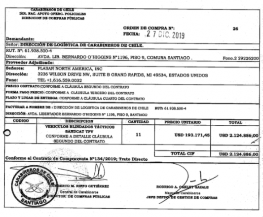 La orden de compra derivada del contrato entre la Dirección de Logística de Carabineros de Chile y la filial en Estados Unidos de la empresa israelí Plasan Inc. Fuente: Diario y Radio Universidad de Chile.