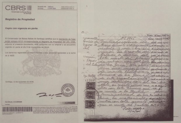 Inscripción del registro de propiedad, fechado al año 1966, en el que se da cuenta de que la propiedad del predio es de la entonces Dirección de Deportes del Estado. Fuente: Diario y Radio Universidad de Chile.