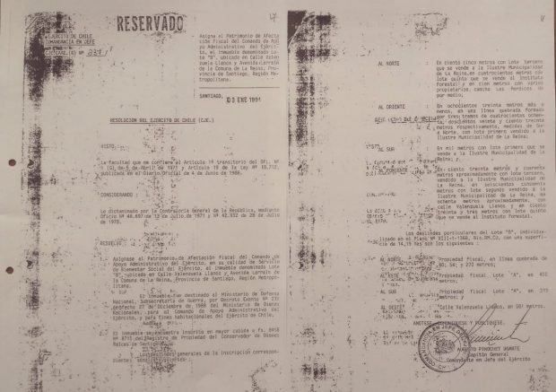Resolución del Ejército de Chile en donde se asigna al Patrimonio de Afectación Fiscal del Comando de Apoyo Administrativo, hoy Comando de Bienestar del Ejército. Fuente: Diario y Radio Universidad de Chile.