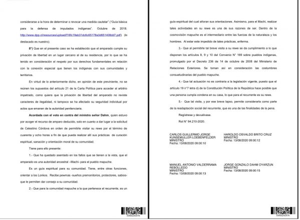 Parte del fallo de la 2da Sala de la Corte Suprema que resolvió rechazar el recurso de amparo interpuesto por la defensa del machi Celestino Córdova. Fuente: Radio UChile.