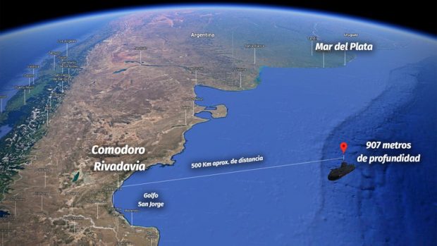 Lugar en donde se hallaron los restos del submarino de la Armada argentina ARA San Juan, el que naufragó dejando 44 víctimas fatales. Foto: Infobae.