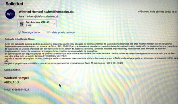 Correo electrónico entre Winfried Hempel y Sandra Rivera, abogada de la Defensoría de la Niñez en Talca, incluido dentro del requerimiento de remoción presentado por parlamentarios de Chile Vamos en contra de la Defensora de la Niñez. Fuente: Poder Judicial.
