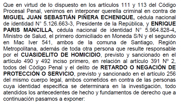 Parte de la acción legal presentada en contra del Presidente Sebastian Piñera y el ministro de Salud, Enrique Paris. Fuente: Poder Judicial.