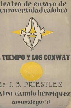 Afiche de El tiempo y los conwayde 1952. Diseño e ilustración de Claudio Di Girólamo, 31x42 cm. 