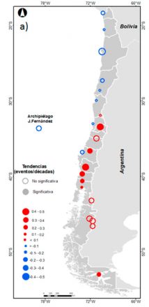 Tendencias del número de olas de calor en el periodo 1961-2017. Fuente: Dirección Meteorológica de Chile (2018)