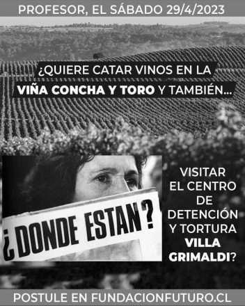 El flyer de Fundación Futuro donde se invita a postular al tour que incluía la visita a Villa Grimaldo luego de una degustación de vinos en Viña Concha y Toro.
