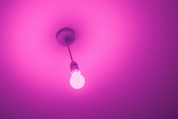 Una bombilla encendida colgando del techo, iluminando la habitación con una luz rosada intensa.