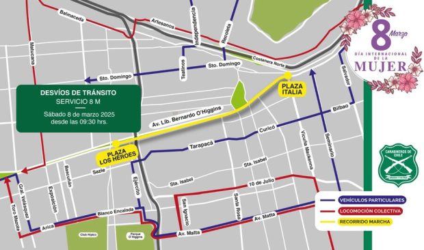 Mapa de tránsito de los desvíos por la marcha 8M.