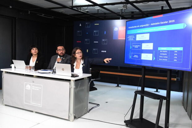 Autoridades del Mineduc sentadas en una mesa presentando un estudio a través de una pantalla al costado.