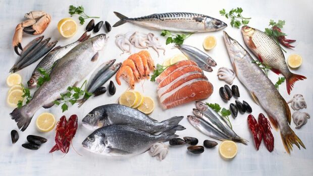 Variedad de pescados y mariscos sobre una superficie blanca.