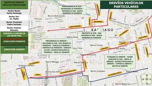 Mapa de Carabineros de los desvíos vehiculares por la marcha del Día de los Trabajadores.