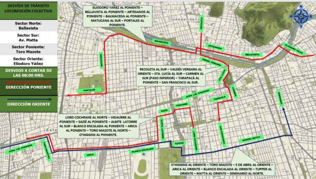 Mapa de Carabineros de los desvíos vehiculares por la marcha del Día de los Trabajadores.