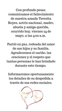 Comunicado fallecimiento de Teresita Reyes