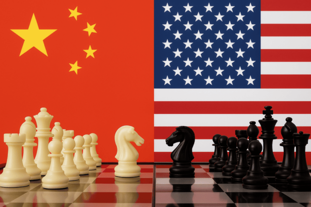ablero de ajedrez con piezas blancas frente a la bandera de China y piezas negras frente a la bandera de Estados Unidos, simbolizando la rivalidad estratégica entre ambas naciones.