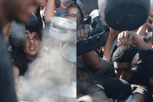 Personas amontonadas levantan ollas vacías entre vapor y tensión, en un intento desesperado por conseguir comida.