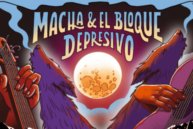 Ilustración de dos lobos aullando al lado de dos guitarras, con una luna en el centro y el nombre "Macha y El Bloque Depresivo"