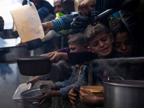 Niños gazatíes buscando recoger algo de comida en medio de la hambruna que afecta a Gaza