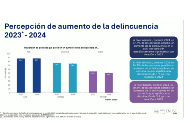 Gráfico o personas analizando la percepción de delincuencia en Chile según la ENUSC 2024.