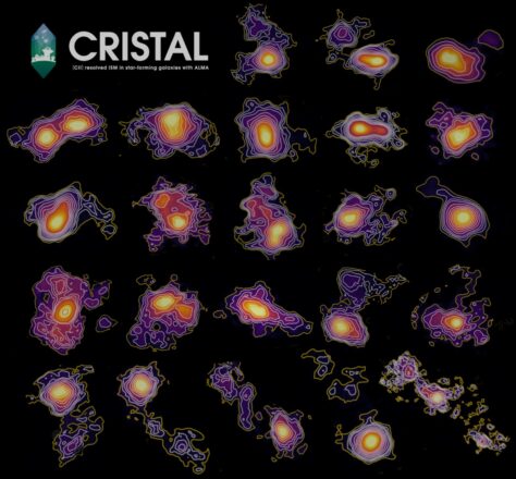 Imagen científica del universo temprano mostrando galaxias en formación y polvo cósmico, obtenida por el proyecto CRISTAL con datos de los observatorios ALMA, James Webb y Hubble.
