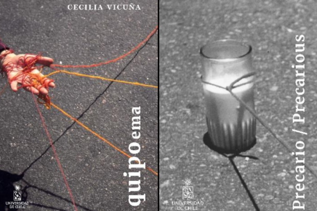 Portadas de QUIPOema y Precario / Precarious, obras de Cecilia Vicuña publicadas por la Editorial Universitaria de Chile.
