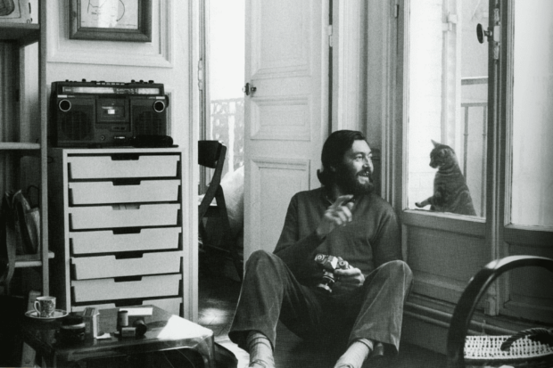 Julio Cortázar, uno de los autores fundamentales del Boom Latinoamericano., jugando con un gatito desde un ventanal