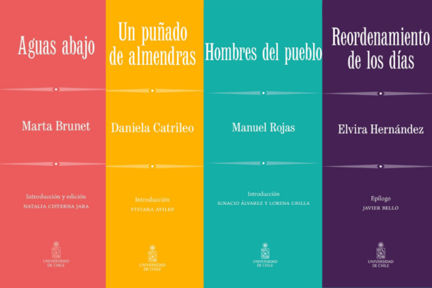 Portadas de los libros de la colección Biblioteca Esencial de la Universidad de Chile: Aguas abajo de Marta Brunet, Un puñado de almendras de Daniela Catrileo, Hombres del pueblo de Manuel Rojas y Reordenamiento de los días de Elvira Hernández.