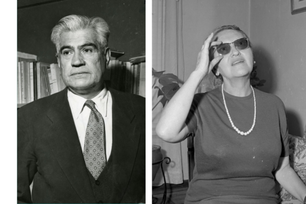 Fotografías en blanco y negro de los escritores chilenos Manuel Rojas y Marta Brunet, parte de la colección Biblioteca Esencial de la Universidad de Chile.
