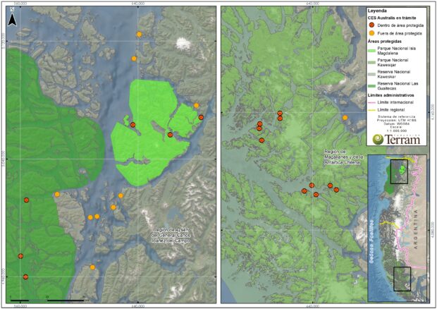 Mapa que muestra 26 concesiones en trámite de Australis Seafood en las regiones de Aysén y Magallanes.