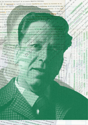 Retrato del compositor chileno Luis Advis en un tono verdoso, superpuesto sobre un manuscrito.