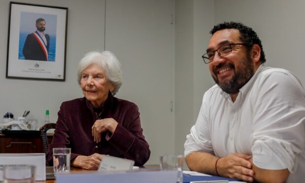 Delia Vergara junto al ministro de Educación, en una reunión del jurado del Premio Nacional de Periodismo 2025.