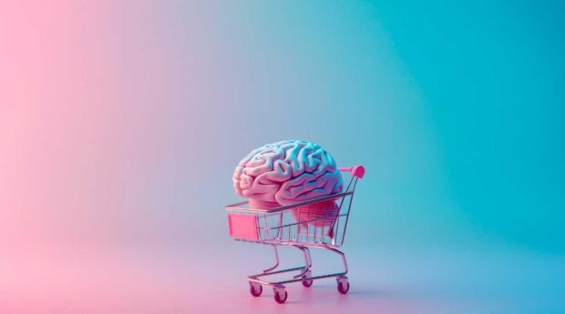 Modelo 3D de un cerebro humano dentro de un pequeño carrito de compras de supermercado color rosa y cromo, sobre un fondo con degradado azul y rosa neón. Concepto de Neuromarketing.