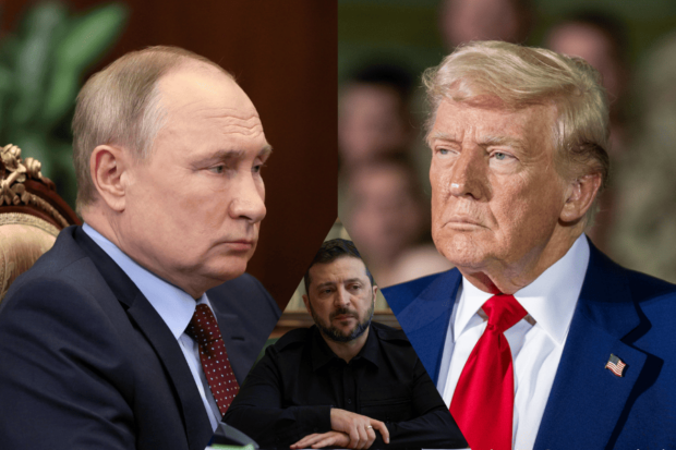 Montaje fotográfico que presenta a tres líderes mundiales. En el lado izquierdo, Vladimir Putin (presidente de Rusia) con traje. En el lado derecho, Donald Trump (presidente de EE. UU.) con traje azul y corbata roja. En el centro inferior, en un formato triangular superpuesto, Volodímir Zelenski (presidente de Ucrania) con vestimenta militar oscura.