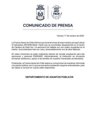 Comunicado de prensa de la FACH por el hallazgo del MH-60M Black Hawk.