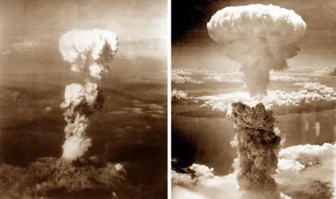 Columnas de humo en forma de "hongo" producto de los bombardeos nucleares de Estados Unidos sobre Hiroshima y Nagasaki. Japón hasta la fecha ha sido el único país atacado con este tipo de armamento. Vía X@RacePopeIII
