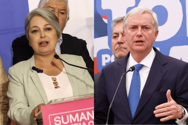 Montaje de fotos del candidato presidencial del Partido Republicano, José Antonio Kast, y la abanderada del pacto Unidad por Chile, Jeannette Jara.