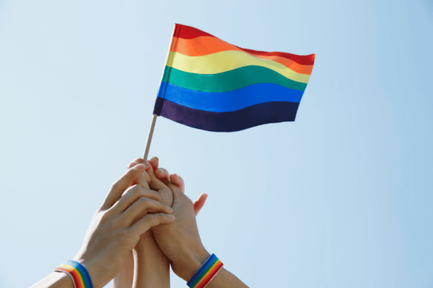 Cuatro manos alzadas sostienen una pequeña bandera del orgullo LGBTQ+ arcoíris bajo un cielo azul, dos de ellas usan pulseras arcoíris en las muñecas.