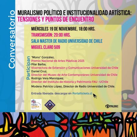 Afiche del conversatorio del muralista Alejandro "Mono" González en Sala Master de Radio U. de Chile.
