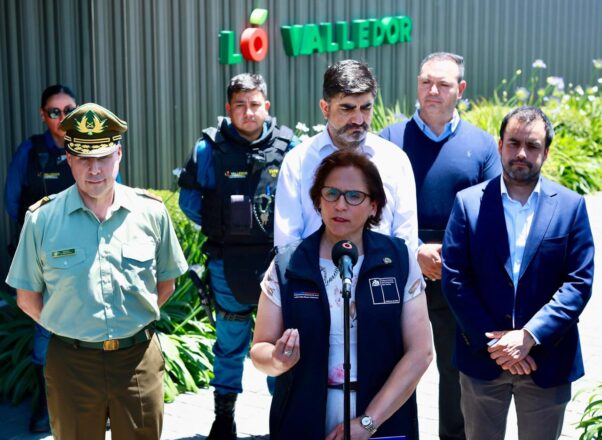 La subsecretaria de Prevención del Delito, Carolina Leitao (al centro y al frente, con un chaleco azul marino), hablando frente a un micrófono durante un punto de prensa en Lo Valledor. Detrás de ella están de pie, de izquierda a derecha: un oficial de Carabineros, un guardia de seguridad privada, el gerente general de Lo Valledor, y otro ejecutivo. El logo de "LO VALLEDOR" se ve en la pared detrás del grupo.