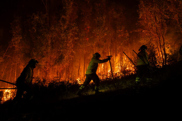 De noche, bomberos combaten grandes llamas naranjas de fuego que expanden en medio de un bosque.