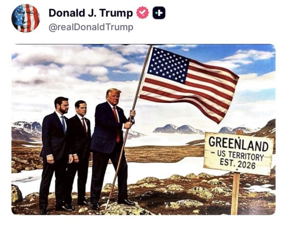 Imagen generado por IA, difundida por las redes sociales oficiales de la Casa Blanca que muestran a Trump junto a Marco Rubio y JD Vance conquistando Groenlandia con la bandera estadounidense.
