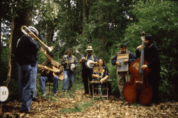 Grupo de músicos de cámara realizando un concierto en uno de los bosques de la ciudad de Frutillar.
