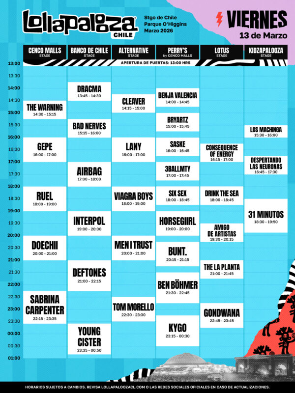 Horarios Lollapalooza Chile día viernes. 