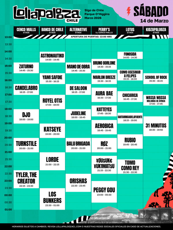 Horarios Lollapalooza Chile día sábado. 