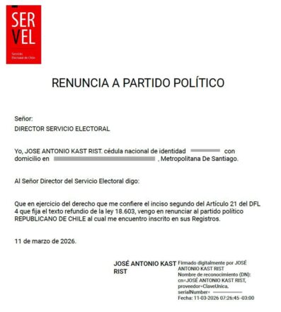 Renuncia de José Antonio Kast al Partido Republicano.