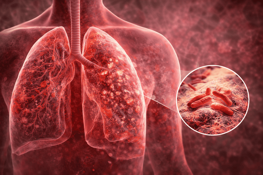 Radiografía animada y con tonalidad roja de unos pulmones con tuberculosis.