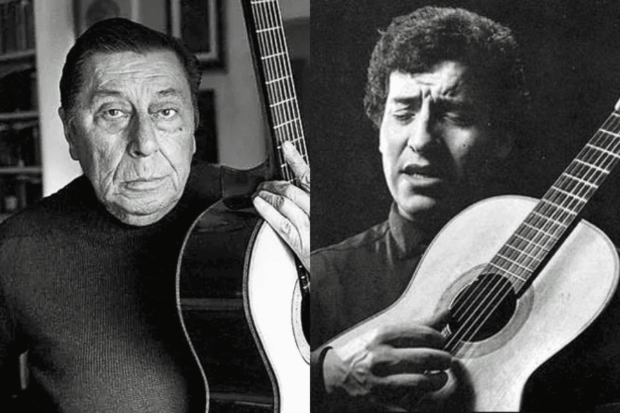 Montaje de imágenes en blanco y negro de los cantautores Atahualpa Yupanqui y Víctor Jara.