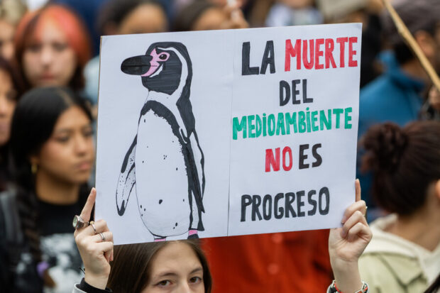 Manifestantes en una marcha. En primer plano se ve una pancarta con un pingüino de Humboldt que dice: "La muerte del medioambiente no es progreso".